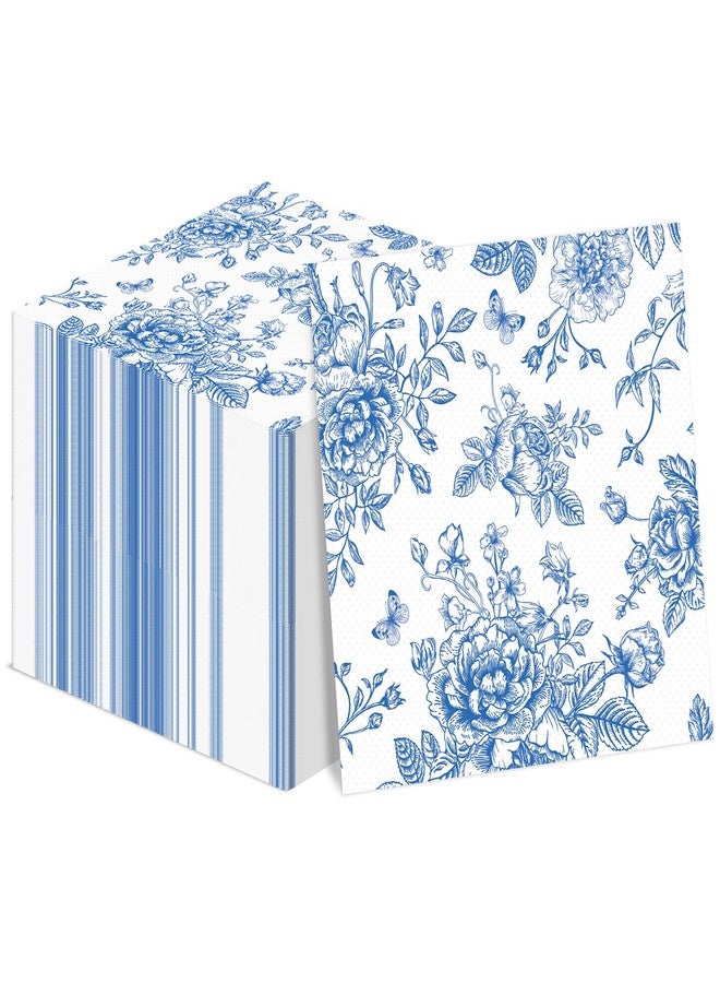 gisgfim ١٠٠ قطعة من مناديل ورقية زرقاء مزينة بالزهور، للاستخدام مرة واحدة، بتصميم كلاسيكي، باللونين الأزرق والأبيض، مناسبة للمشروبات والعشاء، ولتزيين الطاولات في حفلات الزفاف وأعياد الميلاد. - Image 1